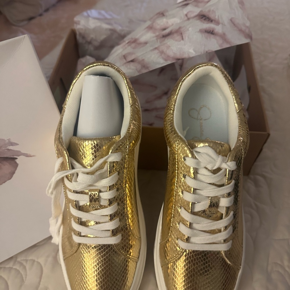Jessica Simpson Gold and White Sneakers with Metallic Finish